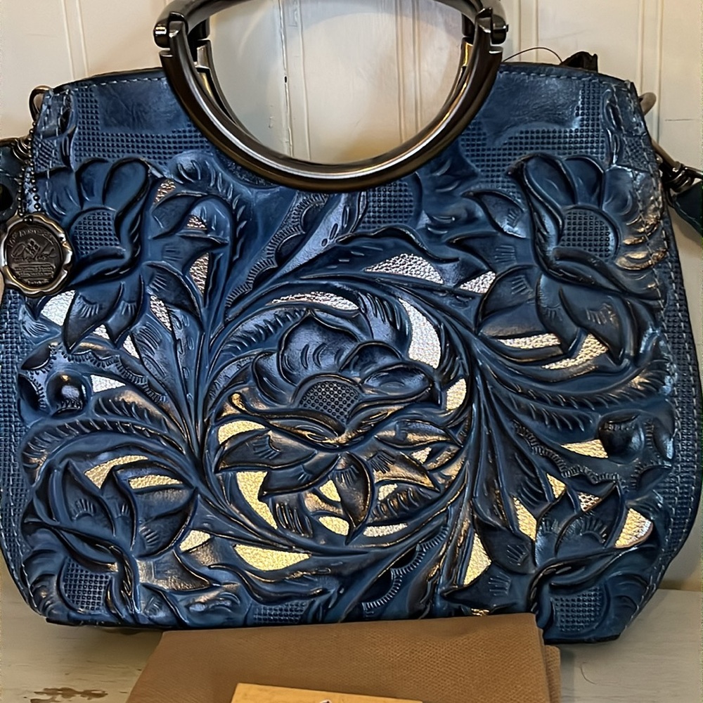 NWT Patricia Nash blue leather cut out tooling satchel shoulder bag - Picture 2 of 9